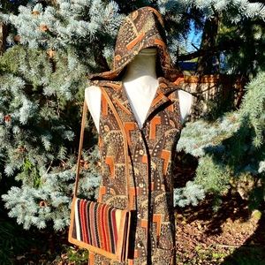 DESIGNER Hans METZEN Vintage Hooded Long Vest Lurex Dress Fall Colors Overdress